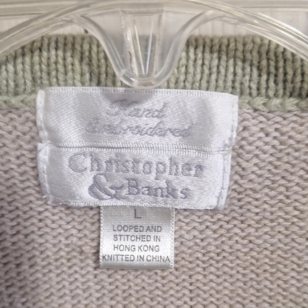 Christopher & Banks Embroidered Winter Bird Cardigan - Tan Sage Green Trim-L - Picture 2 of 6